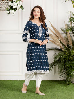 Mulmul - Navy Blue Silk Water Lilly Kurta