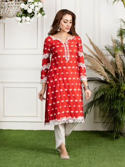 Mulmul - Red Silk Water Lilly Kurta
