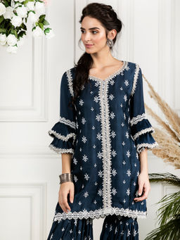 Mulmul - Navy Blue Silk Ibris Kurti