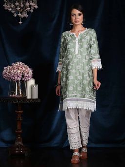 Mulmul - Green Cotton Embroidered Iris Kurta