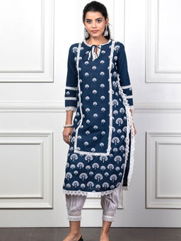 Mulmul - Snowdrop Navy Blue Kurta With Harem Pants And Dupatta (Set of 3)