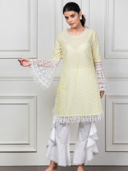 Mulmul - Aspen Yellow Kurta With Frill Bell Bottoms And Dupatta (Set of 3)