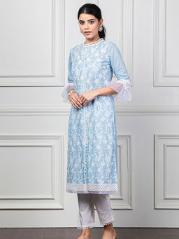 Mulmul - Rose Light Blue Kurta With Slit Pants And Dupatta (Set of 3)