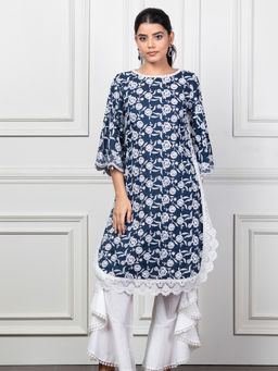 Mulmul - Rosebud Navy Blue Kurta With Frill Bell Bottoms And Dupatta (Set of 3)