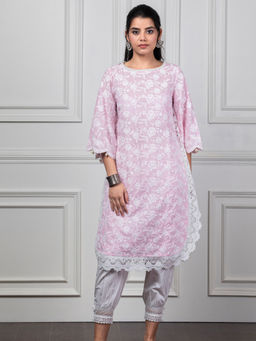 Mulmul - Rosebud Pink Kurta With Harem Pants And Dupatta (Set of 3)