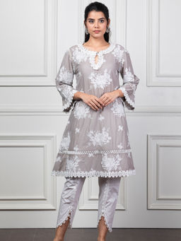 Mulmul - Sunflower Grey Kurta With New Bellbottoms And Dupatta (Set of 3)