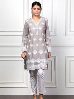 Mulmul - Petunia Grey Kurta With Slit Pants And Dupatta (Set of 3)