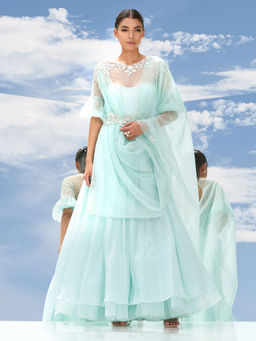 MANDIRA WIRK - Green Frozen Flora Chiffon Kalidar Tunic With Skirt & Dupatta (Set of 3)