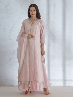 MANDIRA WIRK - Icy Pink Hand Embroidered Kurta With Gota Dupatta & Long Slip (Set of 3)