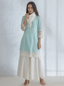 MANDIRA WIRK - Light Blue Short Kurta With Palazzo And Scarf (Set of 3)