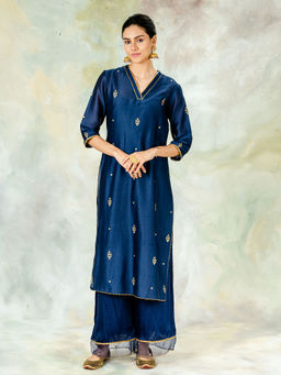 MANDIRA WIRK - Navy Embroidered Kurta With Gota Detailing & Pant And Dupatta (Set of 3)