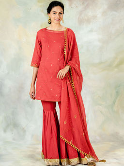 MANDIRA WIRK - Short Red Kurta With Gota Embroidery And Sharara & Dupatta (Set of 3)