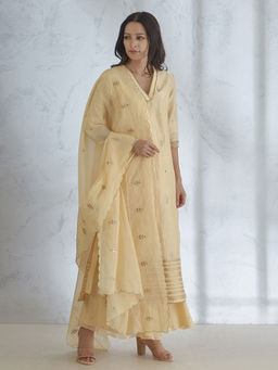 MANDIRA WIRK - Pale Yellow Hand Embroidered Kurta With Sharara And Dupatta (Set of 3)