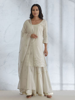 MANDIRA WIRK - Ivory Embroidered Kurta With Sharara And Dupatta (Set of 3)