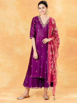 MANDIRA WIRK - Purple Embellished Kurta With Palazzo And Organza Dupatta (Set of 3)