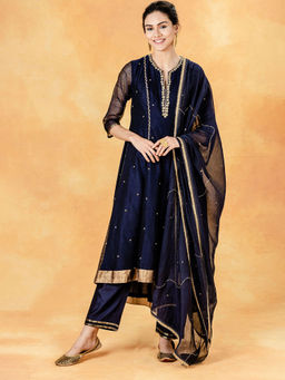 MANDIRA WIRK - Navy Hand Embroidered Kurta With Zardozi Pant And Embellished Dupatta (Set of 3)