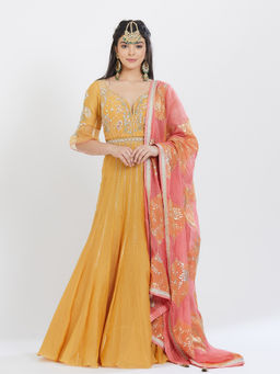 MANDIRA WIRK - Yellow Embroidered Anarkali (Set Of 3)