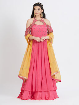 MANDIRA WIRK - Fuchsia Embroidered Anarkali (Set Of 3)