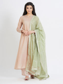 MANDIRA WIRK - Nude Pleated Tunic With Palazzo With Dupatta (Set Of 3)