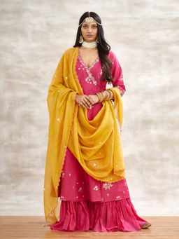 MANDIRA WIRK - Pink Embellished Kurta with Sharara and Dupatta (Set of 3)