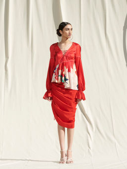 MANDIRA WIRK - Red Printed Crepe Top With Skirt (Set Of 2)