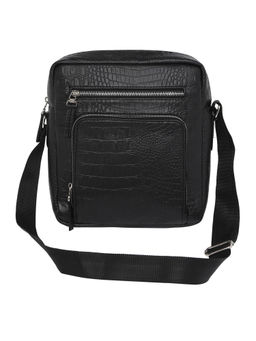 FUR JADEN - Black Crocodile Texture Faux Leather Crossbody Messenger Bag with Sling Strap