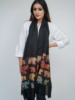 Mizash - Women's Modal Silk, Elephant Motifs Border, Self Embellished, Soft Designer Stole