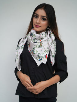 Mizash - Silk Satin, Bird Leaves Print, Soft , Scarf