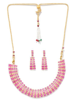 Jewels Galaxy - Pink Gold Toned Luxuria Stone Studded Necklace With Earrings