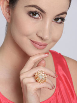 Jewels Galaxy - Beige Gold Toned Stone Studded Adjustable Ring