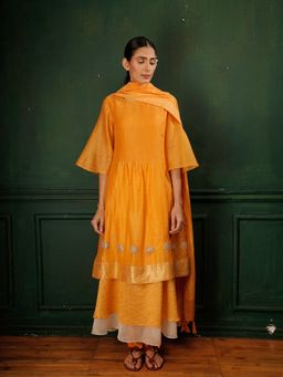 Myoho - Triple Layer Gold Border Kurta With Straight Pant & Dupatta