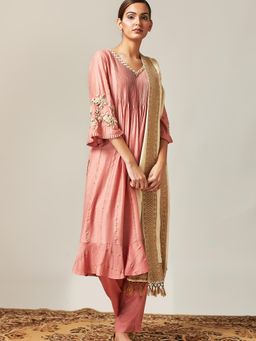 Myoho - Gold Embroidered Kurta With Dupatta (Set of 2)