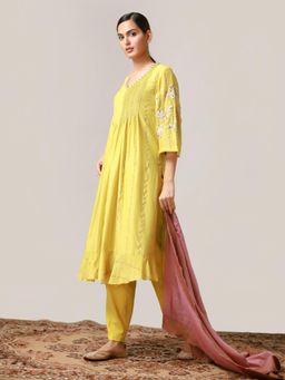 Myoho - Lime Muga Pintuck Kurta With Pant & Dupatta (Set of 3)