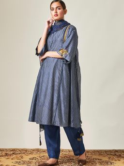 Myoho - Dark Blue Stripes Kurta And Pant (Set of 2)