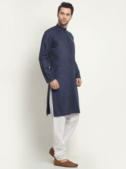 NEUDIS - Navy Blue Solid Cotton Long Kurta For Men