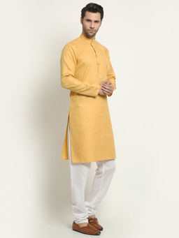 NEUDIS - Yellow Cotton Solid Long Kurta Pajama Set For Men