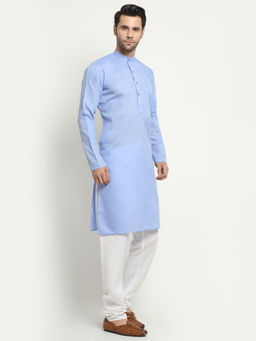 NEUDIS - Sky Blue Cotton Solid Long Kurta Pajama Set For Men