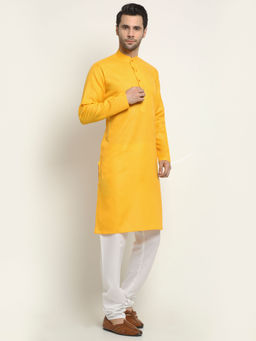 NEUDIS - Yellow Cotton Solid Long Kurta Pajama Set For Men