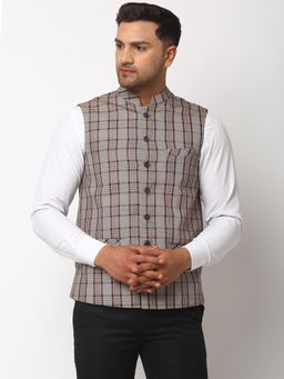NEUDIS - Check Wool Nehru Jacket- Brown