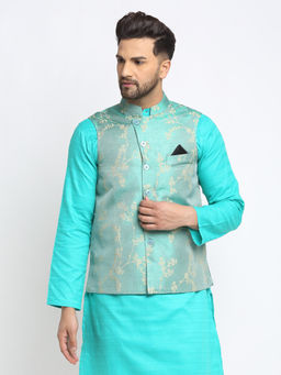 NEUDIS - Jacquard Silk Blend Woven Nehru Jacket For Men - Green