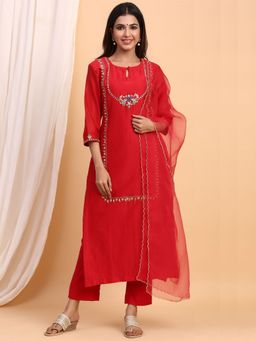 Gillori - Gulmohar Chanderi Kurta And Pant With Dupatta (Set of 3)