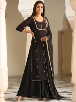 Gillori - Sparkle Black Chanderi Kurta And Palazzo With Dupatta (Set of 3)