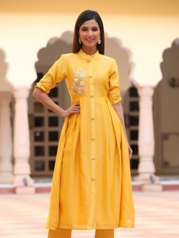 Gillori - Chanderi Honey Yellow Kurta With Pant (Set of 2)