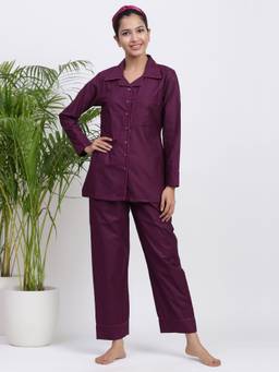 Gillori - Luxe Sangria Night Suit Shirt And Pajama (Set of 2)