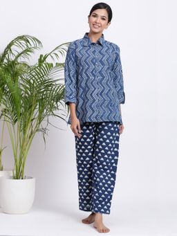Gillori - Indigo Handblock Cotton Shirt And Pajama (Set of 2)