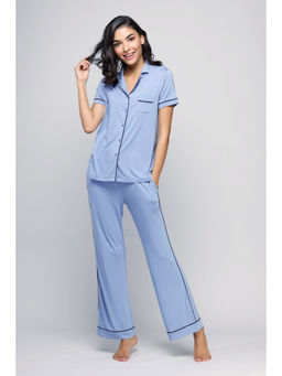 NeceSera - NeceSera-Classic Flared Modal Pajama Set - Blue