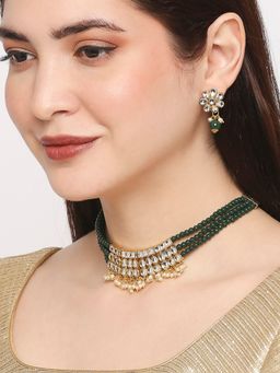 OOMPH - Green Beads and Kundan Multi Layer Ethnic Choker Necklace Set with Matching Earrings