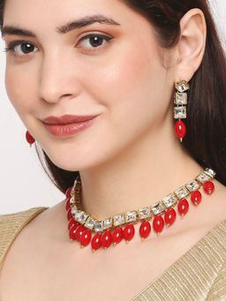 OOMPH - Red Maroon Beads and Kundan Ethnic Necklace Set