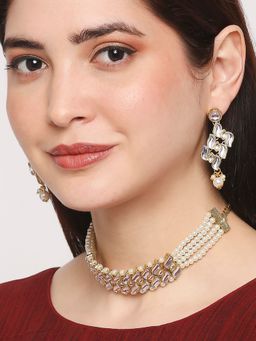 OOMPH - Gold Jadau Kundan and Pearls Multi Layer Ethnic Choker Necklace Set