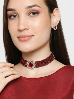 OOMPH - Maroon Red Beads Multi Layer Choker Necklace Set with Marching Earrings